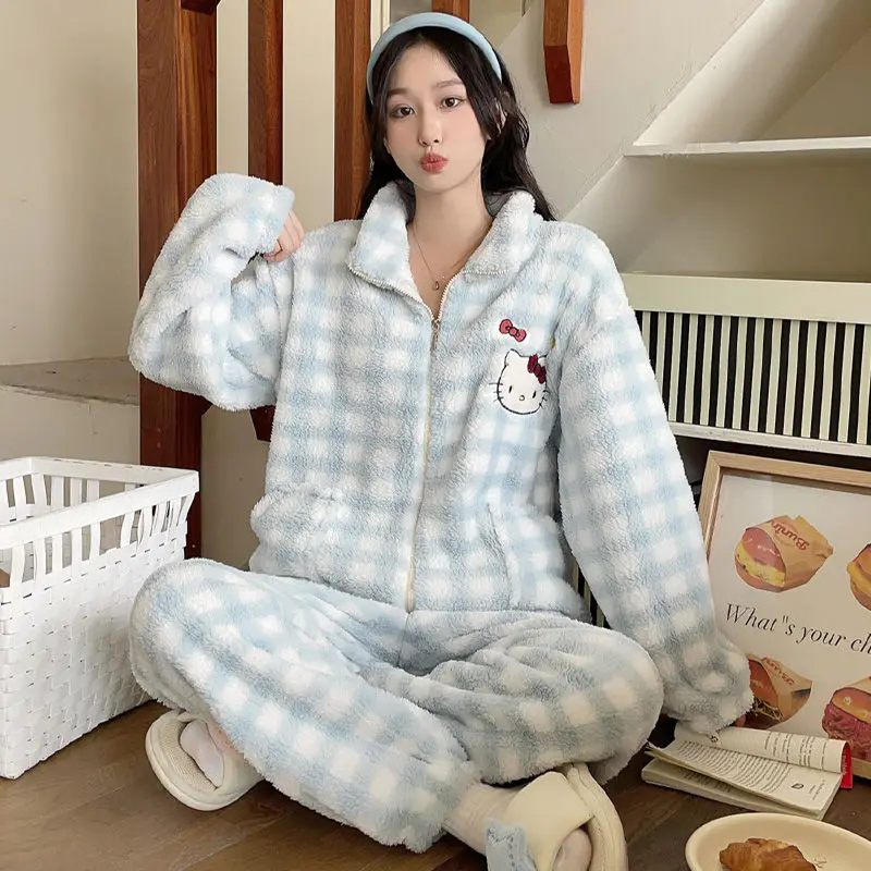 

Hello Kitty Coral Fleece Checkered Pajamas for Women In Winter with Thick Velvet and Zipper, Super Cute Home Furnishing Set