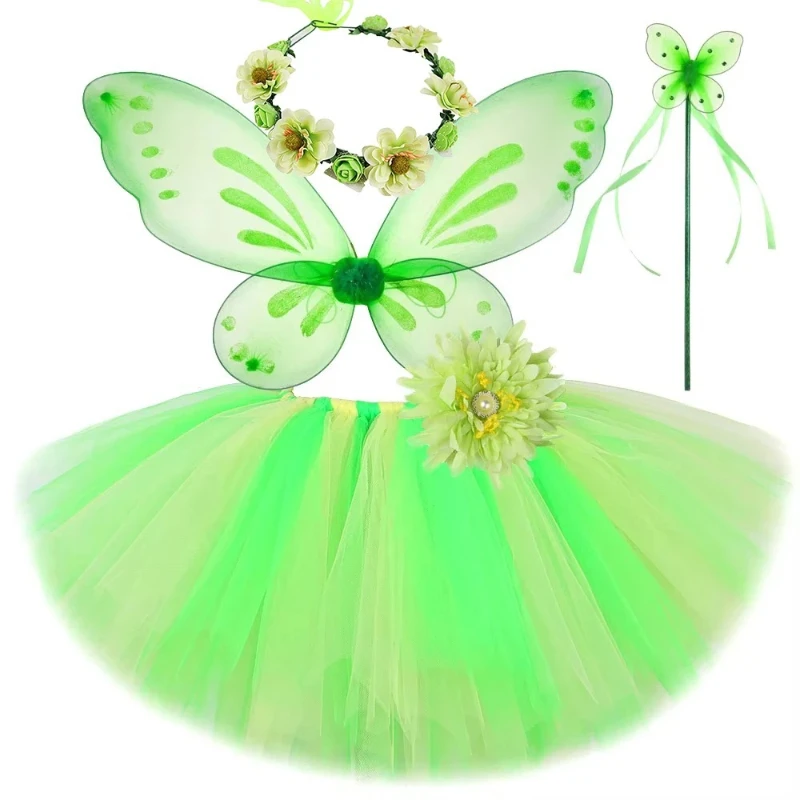 Flower Fairy Green Tutu Skirt for Girls Christmas Halloween Costumes Kids Jungle Forest Elves Fluffly Ballet Tutus with Wings