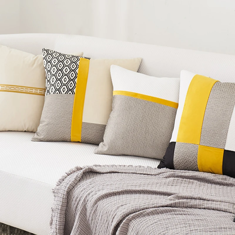 Nordic Light Luxury Sofa Pillow Cover Gray Yellow Velvet Polyester Jacquard Patchwork Bedside Simple Cushion Pillow Waist