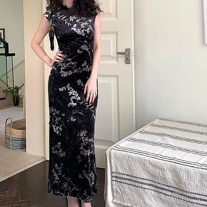 

Новое ароматное платье-ципао из бархата в китайском стиле для ранней весны, облегающее, с завышенной талией, длинное, женское