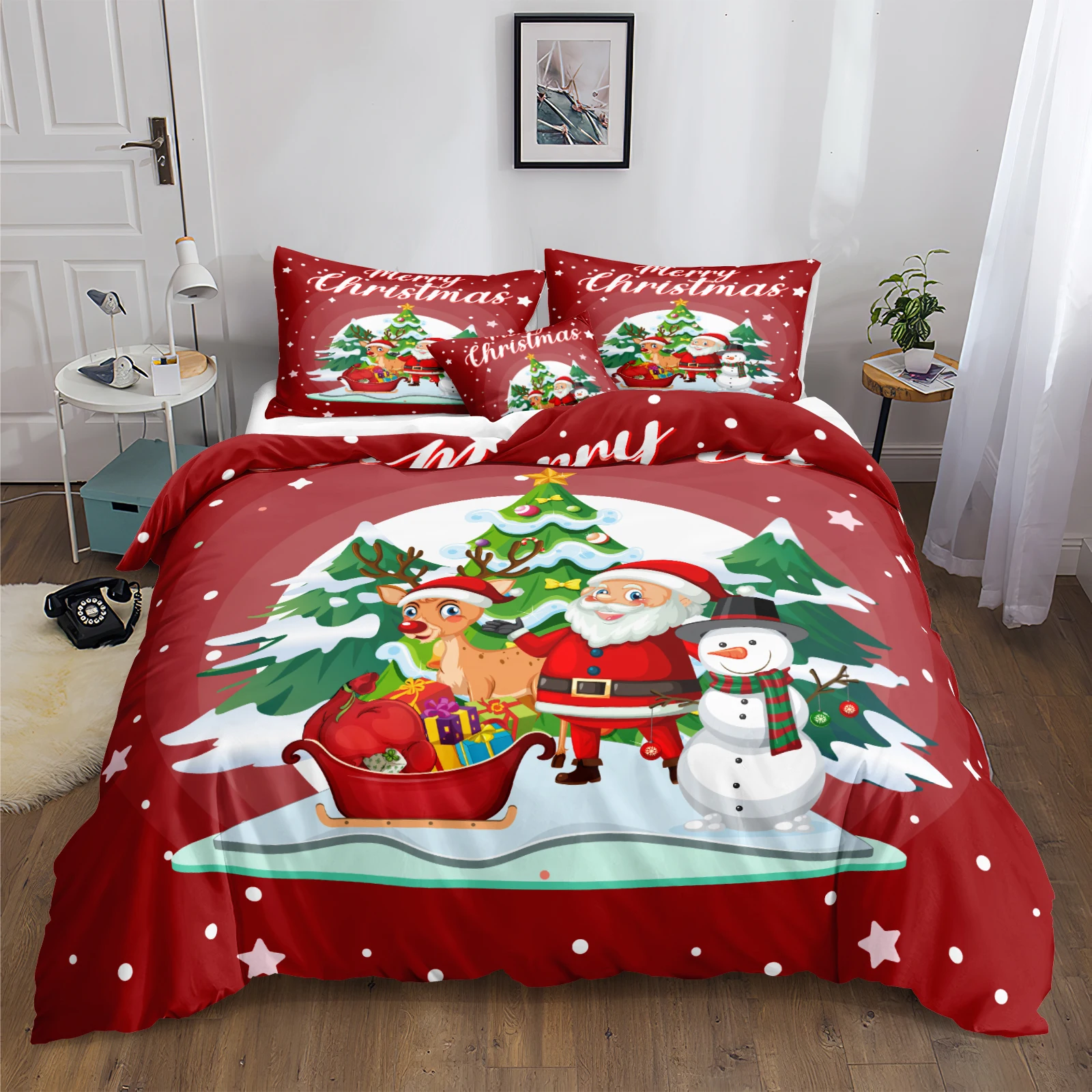 Christmas Comforter Set White Snowflake Bedding Comforter Set  Elk Deer Men Merry Christmas Festival Bedding Set