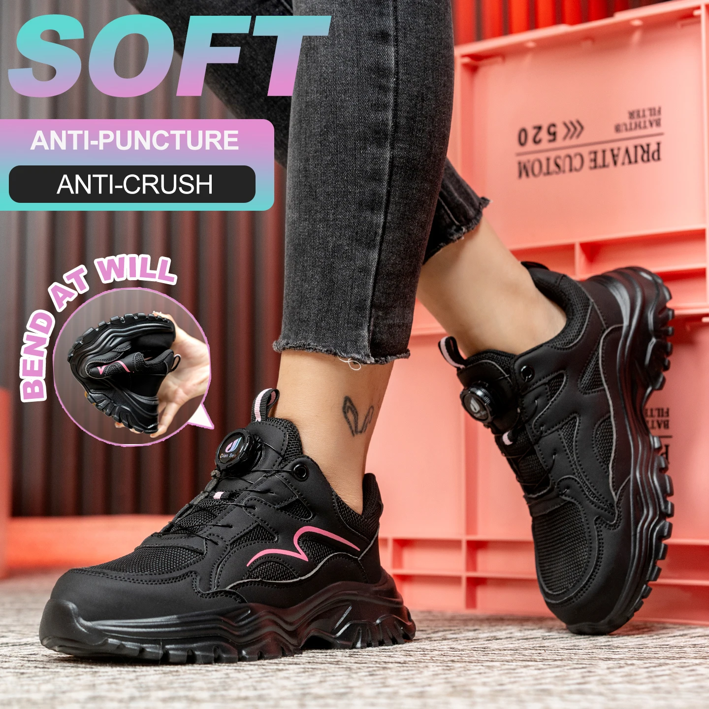 النساء أحذية أمان الصلب تو الأحذية الروتاري زر أحذية عمل زلة مقاومة أحذية عمل غير قابلة للتدمير مكافحة سحق أحذية رياضية