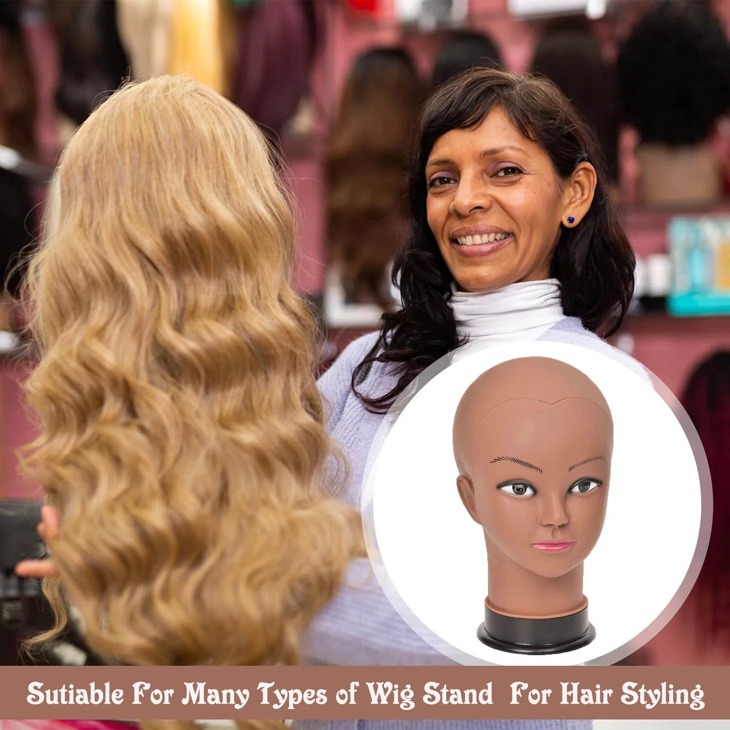 Afro Cosmetology Mannequin Head Bald Manikin head for Wigs Making Wig Display Hat Display Glasses Display with Free Clamp