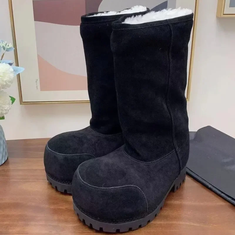 Outono e inverno novas botas de neve de cabeça grande feias botas de pão plataforma feminina aumentar mas joelho-alta botas de algodão quente