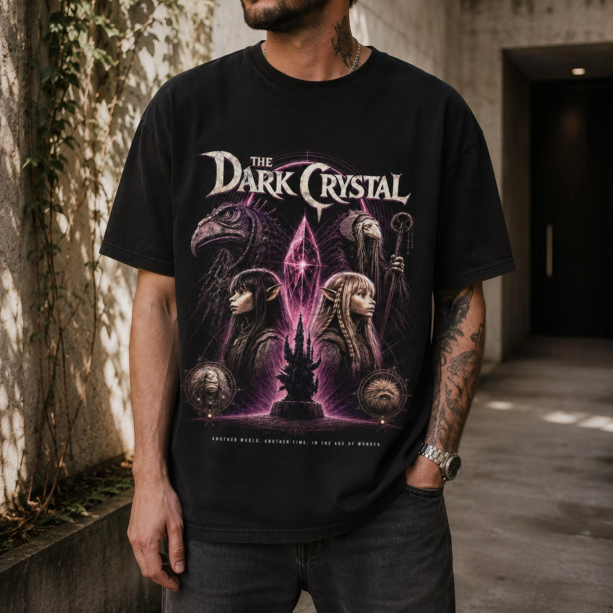 Dark Crystal Shirt, Schweres Baumwollhemd mit Lockerer Passform, 80er-Jahre-Fantasie-Grafik – Detail 4