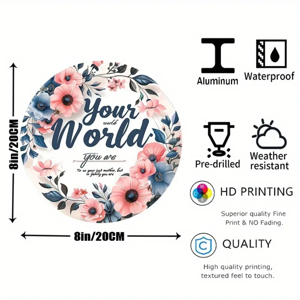 Customized Aluminum Wall Art | 8x8 Inch Round Floral Inspirational Quote Metal Sign, Portrait Decor for Home Office Wall Sculptu