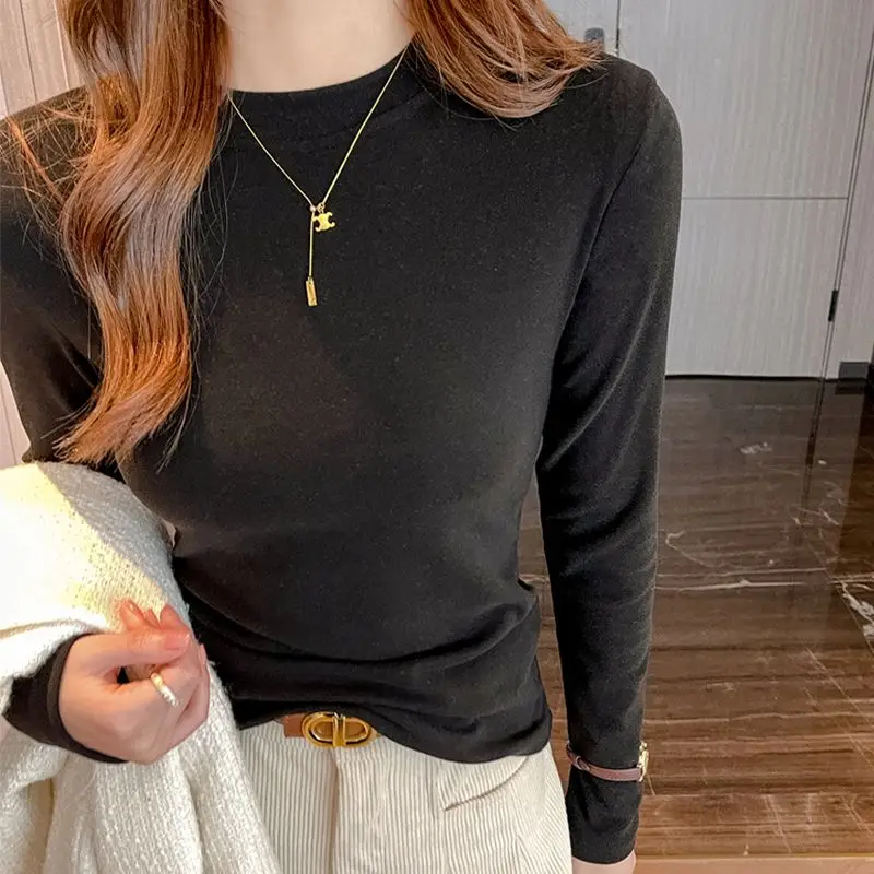 Autumn and Winter Woman's Clothes O-neck Grace Soft Elegant Velvet Warm Long Sleeved Top Casual Korean Fashion Solid Color Niche