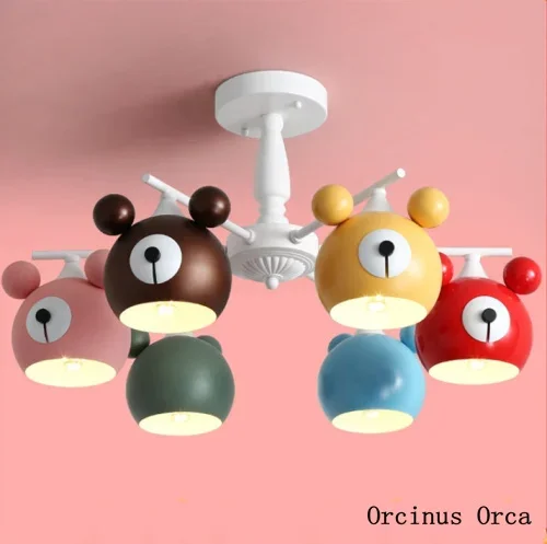 Nordic Modern Simple Colored Bear Chandelier Girl's Bedroom Children's Room Light Cartoon Creative LED Animal Suction Roof Light