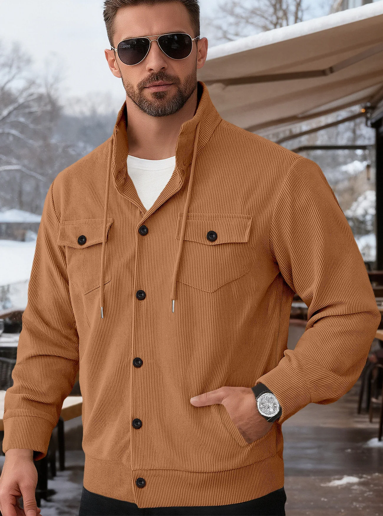 Men's Autumn and Winter American Retro Multi-bag Tooling Jacket Corduroy Lapel Long Sleeve Cw21054