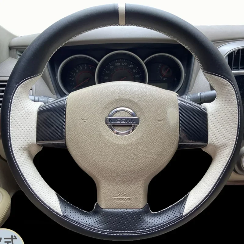 

Hand-stitched Non-Slip Black White Genuine Leather Steering Wheel for Nissan Tiida Livina Sylphy Note Car Accessories Interior