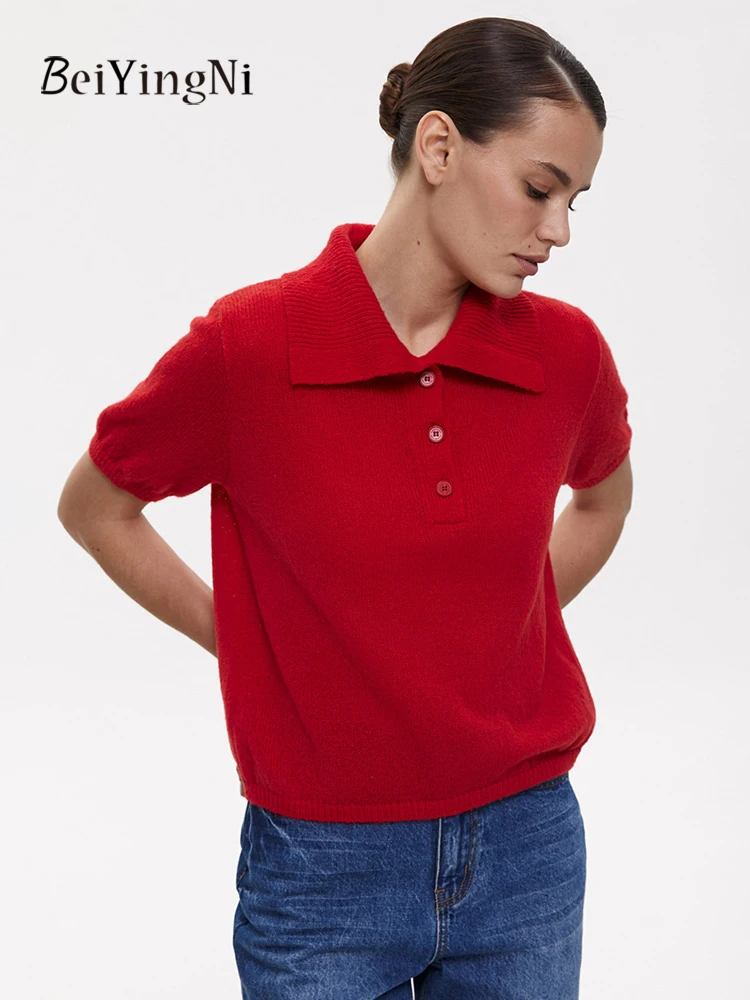 Beiyingni Elegant Commute Knitted Tshirts Women 2026 Summer Polo Collar Tops Ladies Fashion Chic Solid Color Hollow Out T-shirt