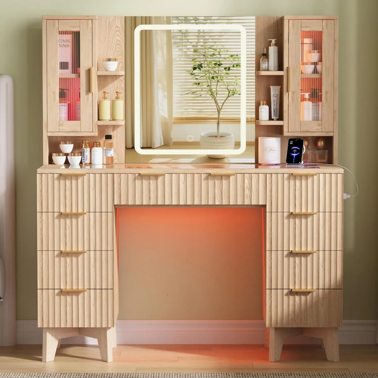 Large Bedroom Makeup Vanity Desk in Natural Oak with 2 RGB Cabinets, 9 Drawers, Glass Top, Mirror, Lights and Charging Station