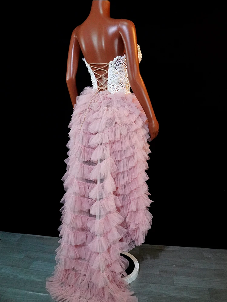 Elegant Long Dress Pearl Pink Two-Piece Sexy Evening Wedding Party Club Birthday Outfits Celebrate Stage Bar Drag Queen Costumes