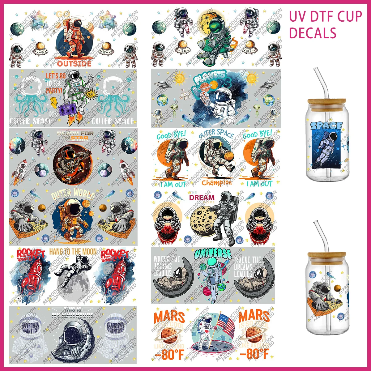 

Коллекция космического пространства, УФ-наклейки DTF, готовые к переносу, обертка для чашки, астронавт, сделай сам, ремесло для Libbey, банка стекла