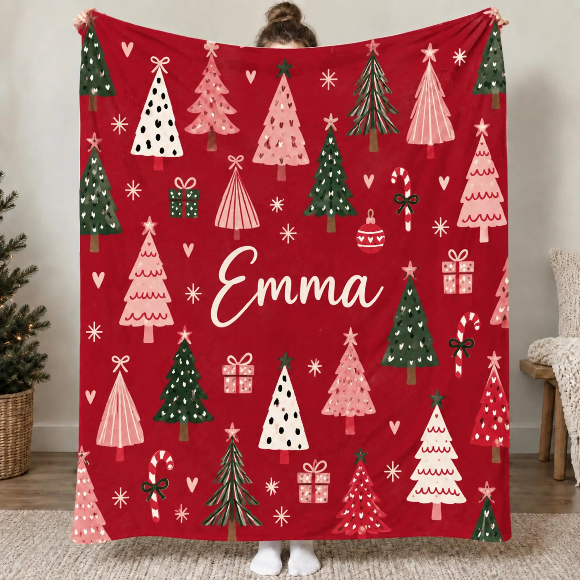 Customized Name Winter Forest Christmas Tree Flannel Throw Blanket, Custom Family Name Holiday Blanket, Winter Season Gift