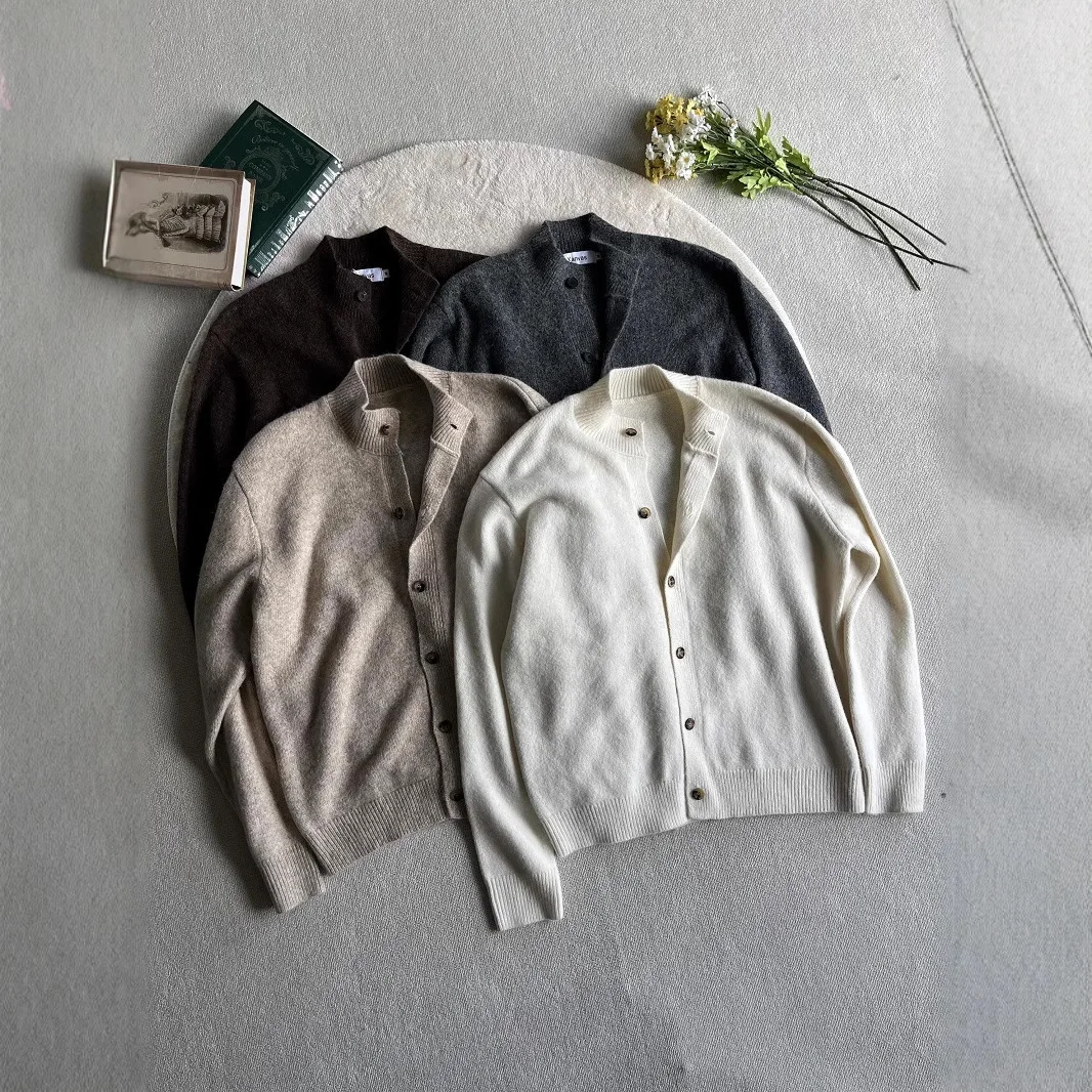 

Autumn Winter Flower Sand Wool Blend Sweater Semi High Neck Unisex Cardigan Classic Brown Gray Versatile Casual Knitwear Warm