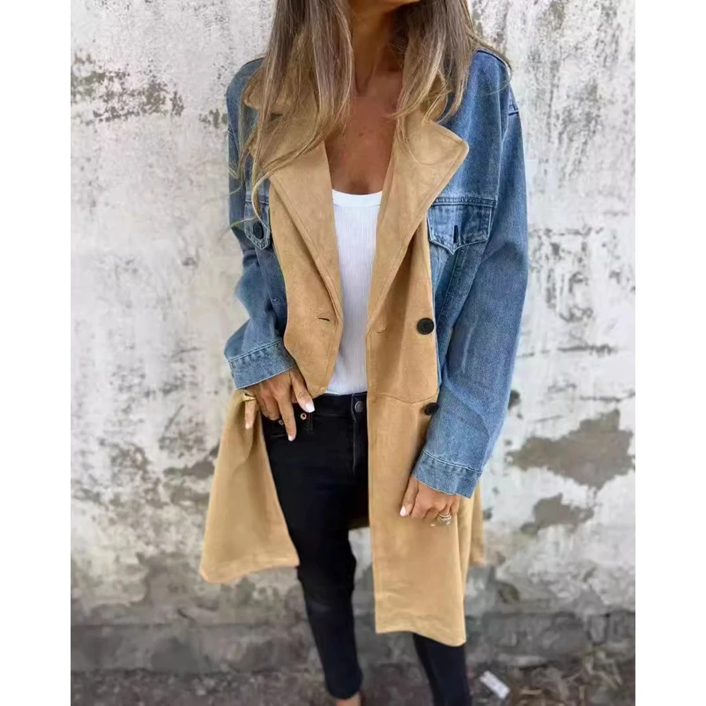 Roupas de outono femininas gola nodched colorblock retalhos trench bolso decoração duplo breasted jaquetas manga longa casaco roupas