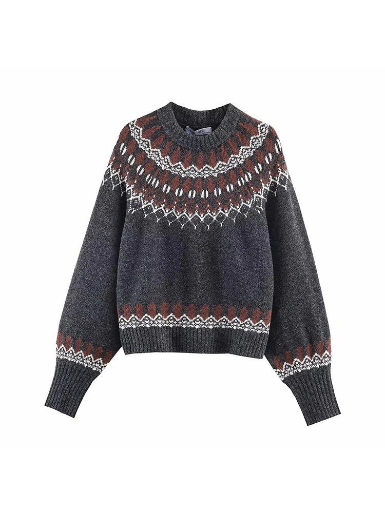 

Women New Jacquard Sweater For Women Retro Baggy Printed Crewneck Knit Pullovers Fashion Streetwear Jumpers