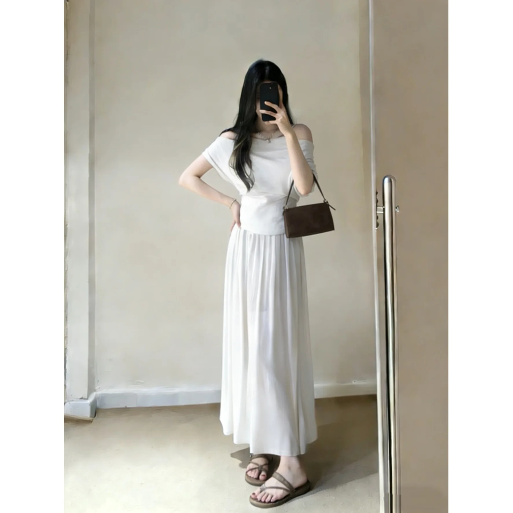 

2026 Summer New Style Women's Comfortable Snowflake Cotton Asymmetrical Shoulder T-shirt And Half Skirt Two-piece Set