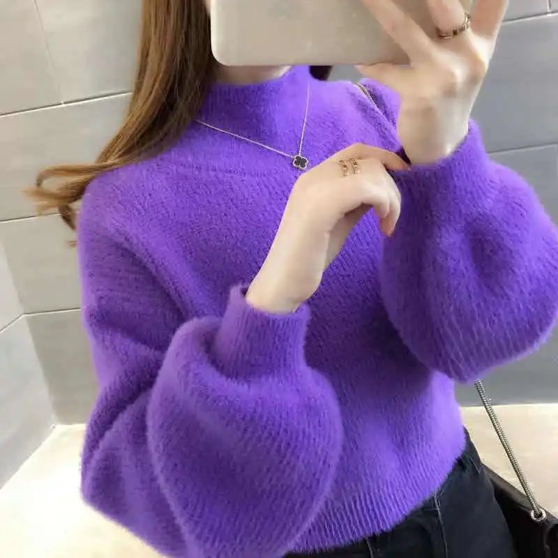 Short Mink Fur Super Hot 2024 New Autumn And Winter Lantern Sleeves Loose Outer Half High Neck Base Sweater For Women