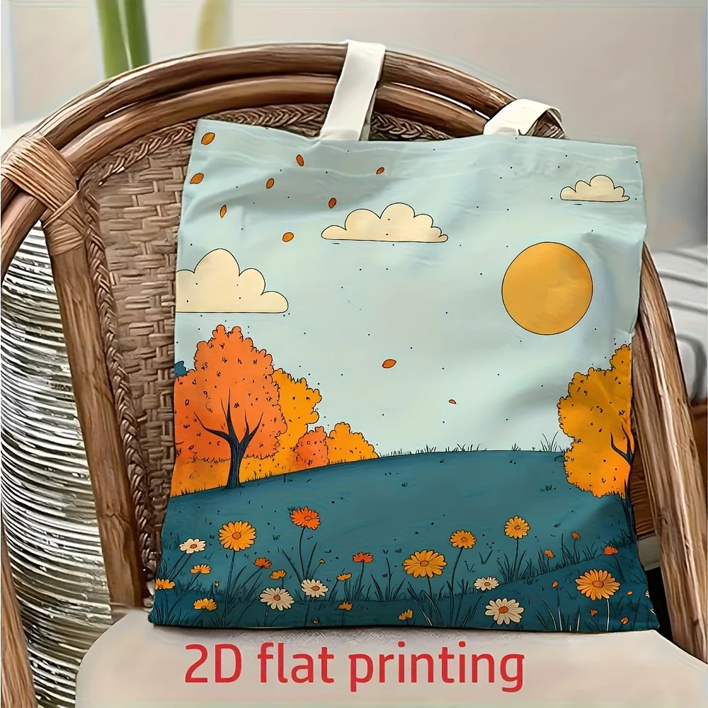 1pc,Cartoon Fall Hill Daisy Shoulder Bag, Orange Maple Tree, Big Sun & Falling Leaves Seamless Print, Soft Seasonal Carry Bag