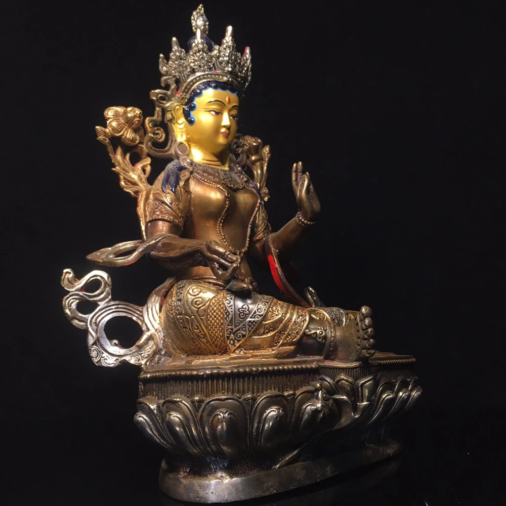 Gilt Copper Green Tara Statue Serene Face Old Patina Fine Craftsmanship