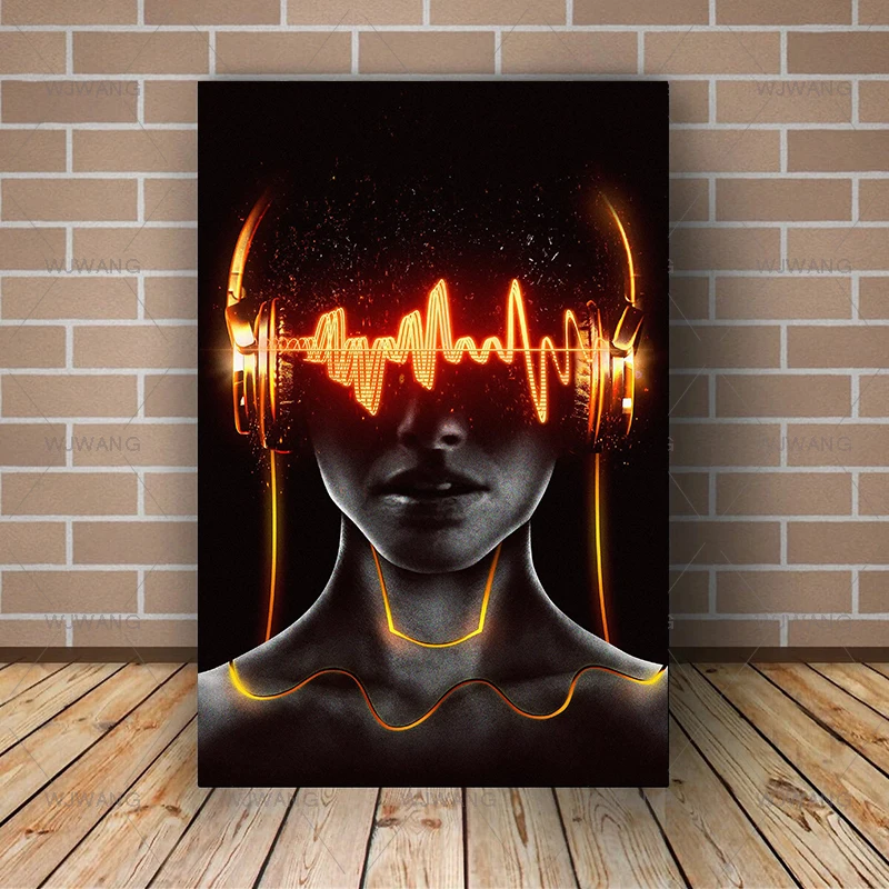 

Headphone Music Canvas Art Posters and Prints Woman Portrait Painting Abstract Wall Pictures for Living Room Home Decor Cuadros