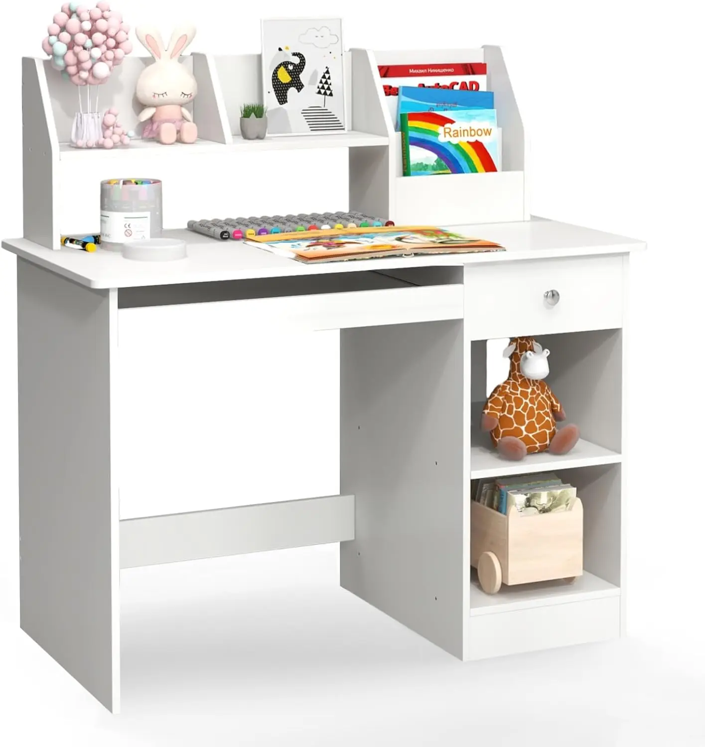 Kids Study Desk, Wooden Computer Desk with Hutch, Bookshelf, Keyboard Tray, and Storage Shelves (White)