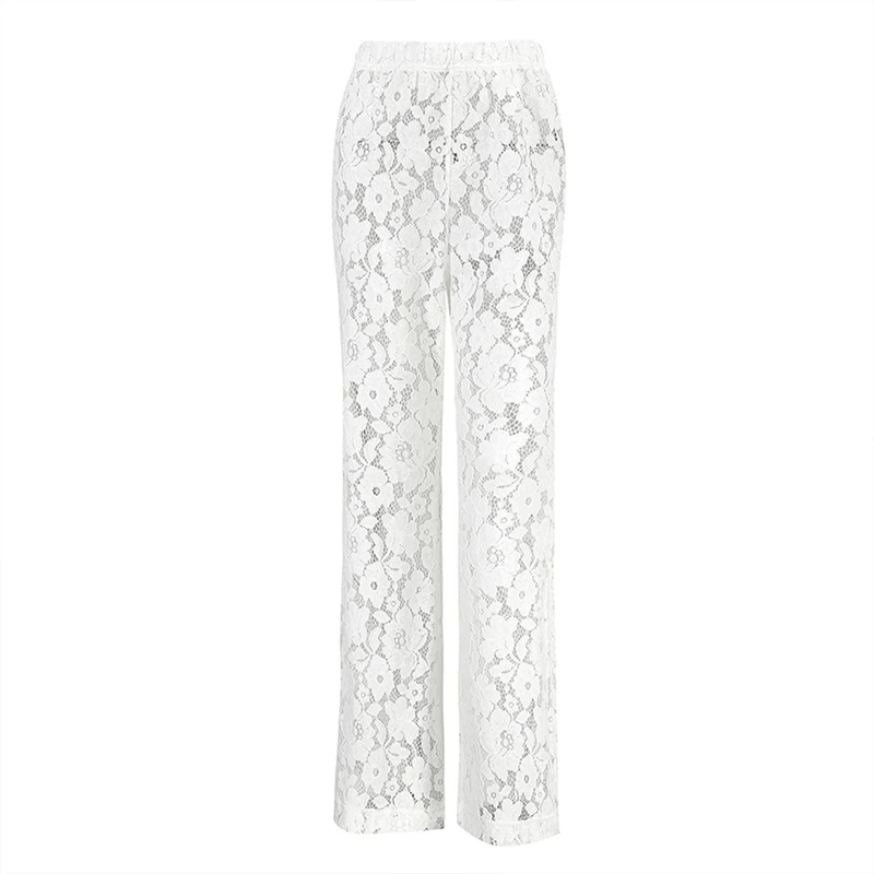 

OMSJ Aesthetic Retro White Elastic High Waist Sheer Lace Full Pants Summer Beach Club Sexy Elegant Trousers Streetwear For Women