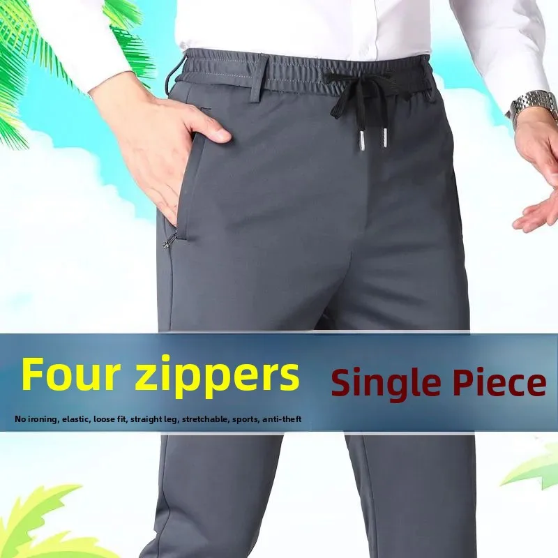 Pantaloni casual a gamba dritta da uomo estivi Pantaloni lunghi elasticizzati con cerniera elastica in seta di ghiaccio elasticizzata traspirante vestibilità ampia giovanile