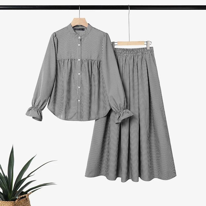 ZANZEA Muslim Hijab Outfits 2 Pieces Sets Fashion Women Long Sleeve Striped Bouse Dress Sets Stand Neck Shirt Skirt Suit IsIamic