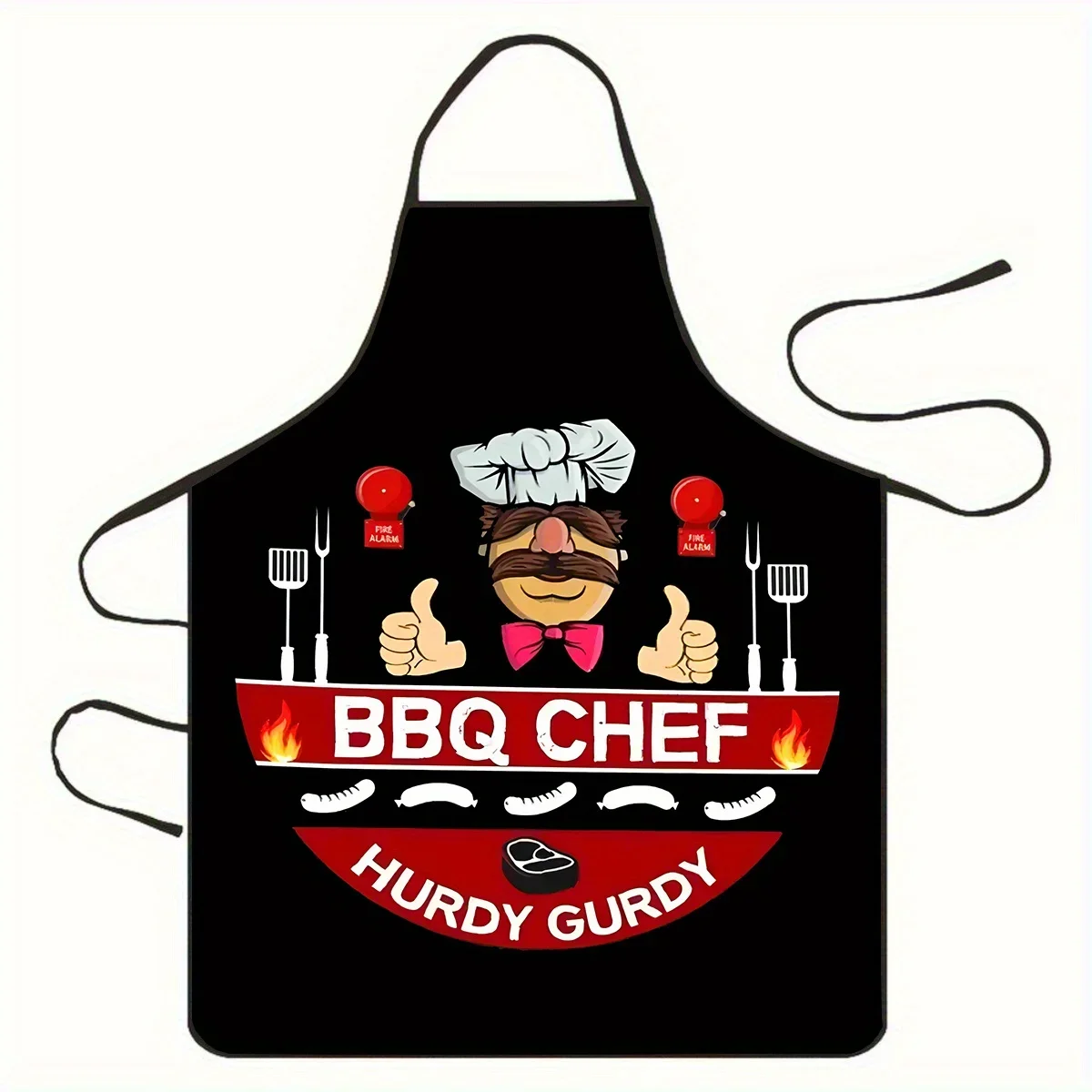 1pc BBQ Chef Apron - Durable Polyester with Chef Hat & Bow Tie Design, Thumbs Up, BBQ Logo & Grilled Utensil Graphics