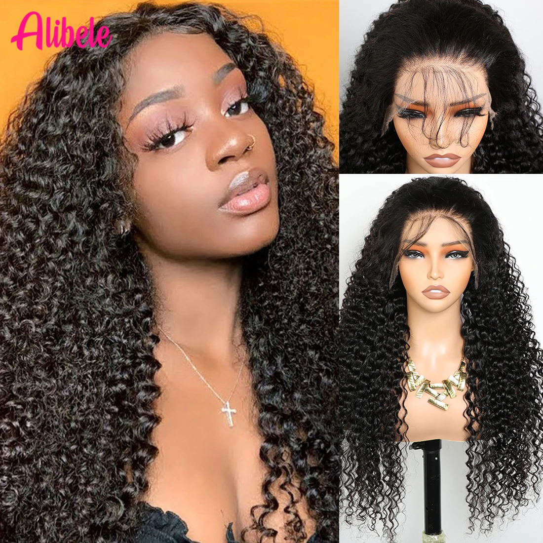 

ALIBELE 13x4 Transparent Lace Front Wig Curly 12A Virgin Hair Pre Plucked Human Hair Lace Frontal Wig Natural Black