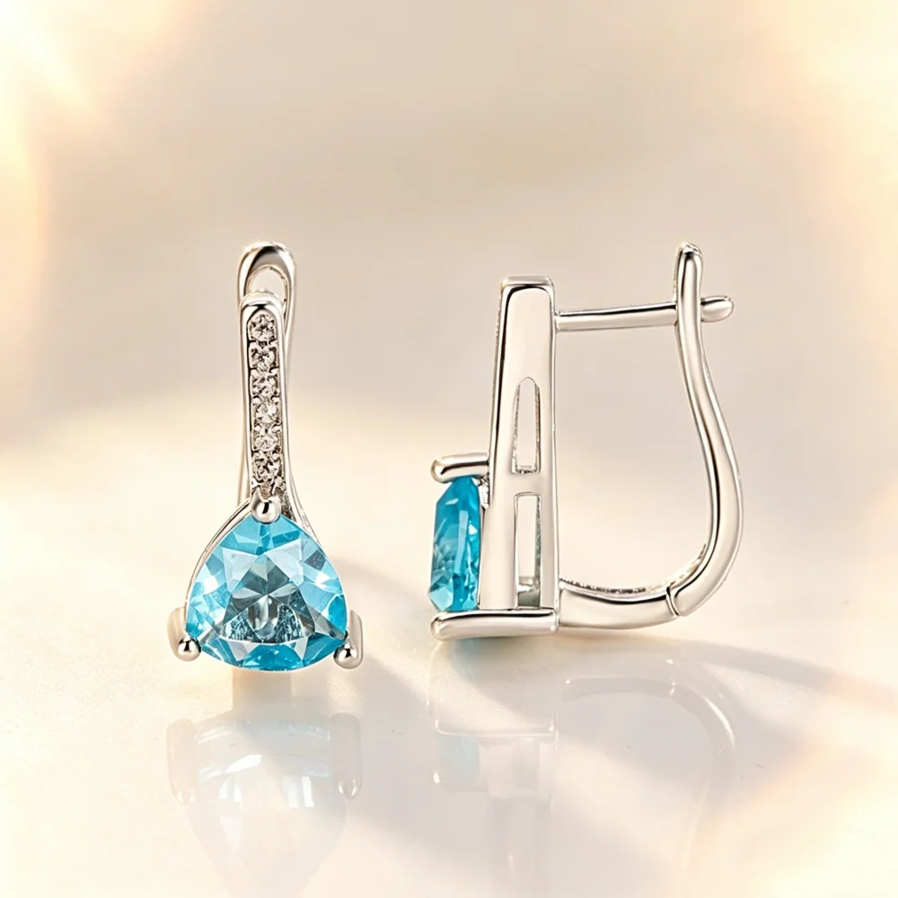 925 Sterling Silver Fashion Temperament Inlaid Light Blue Zircon Triangular Ear Buckle Birthday Party Anniversary Gift