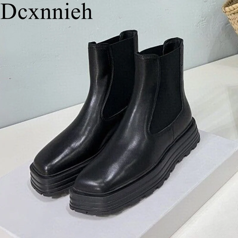 

Flat Thick Bottom Short Boots Women Real Leather Square Toe Ankle Botas Autumn Winter Shoes Elastic Slip On Work Boots 2024