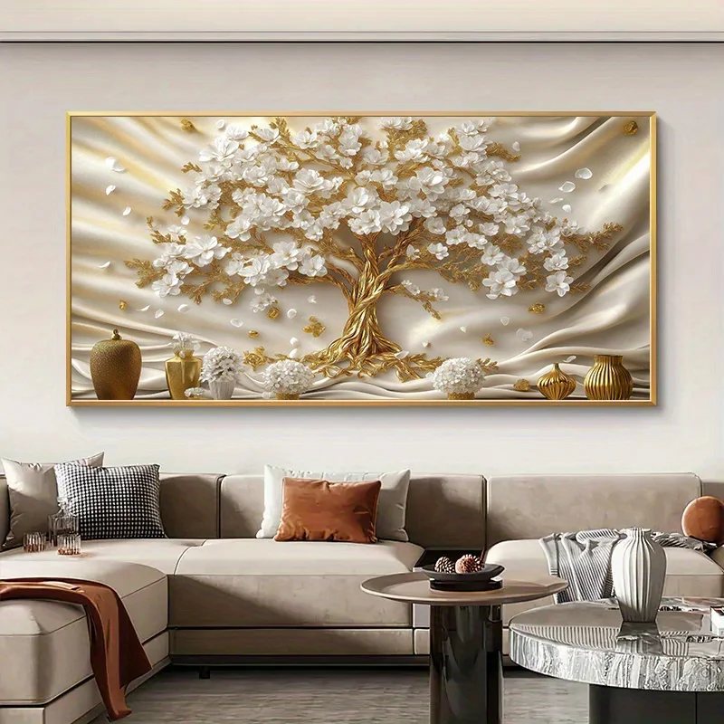 

1pc Unframed Modern Abstract White Tree Canvas Painting, Gold Plated Branches on White Elegant Home Decoration