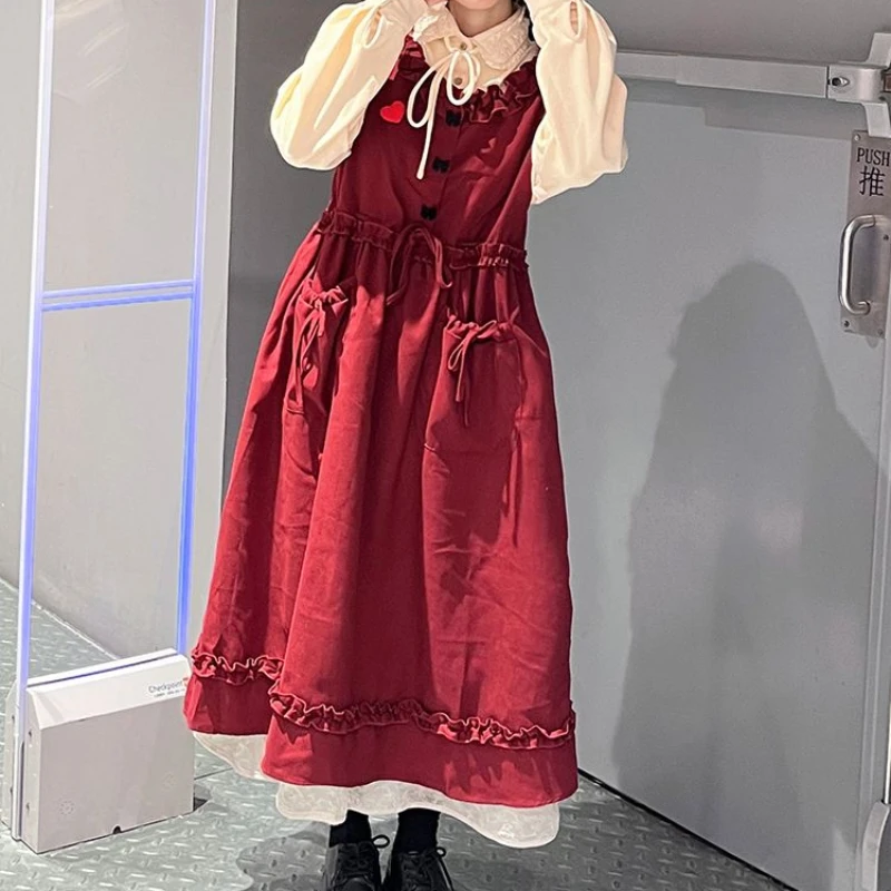 Women's Spring Autumn Vintage Sweet College Mori Girk Style Dress Loose Casual Wooden Ear Edge Red Vest Long Dresses with Shirt