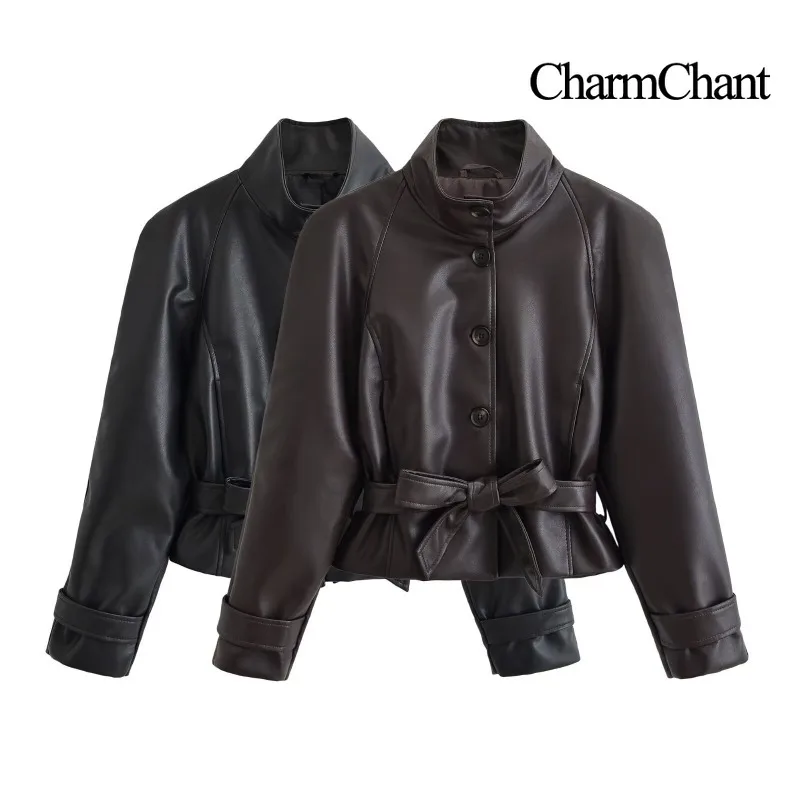 CHARMCHANT Women's Faux Leather Jacket Coat Outerwear Stand Collar Bow Belt Peplum Hem Cropped Top Casual Daily Autumn 2026
