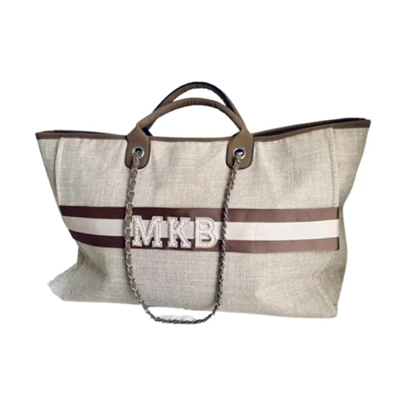 

Large Luxury Beige Brown Personalized Monogram Tote Bag, Canvas Chain Beach Shopping Tote Bag, Personalized Weekend Hand Bag