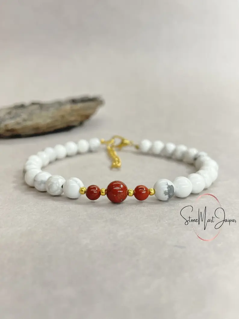 Howlite Bracelet-Red Jasper Bracelet-White Bracelet-Meditation bead bracelet-Protection bracelet-Grounding bracelet, For Gift