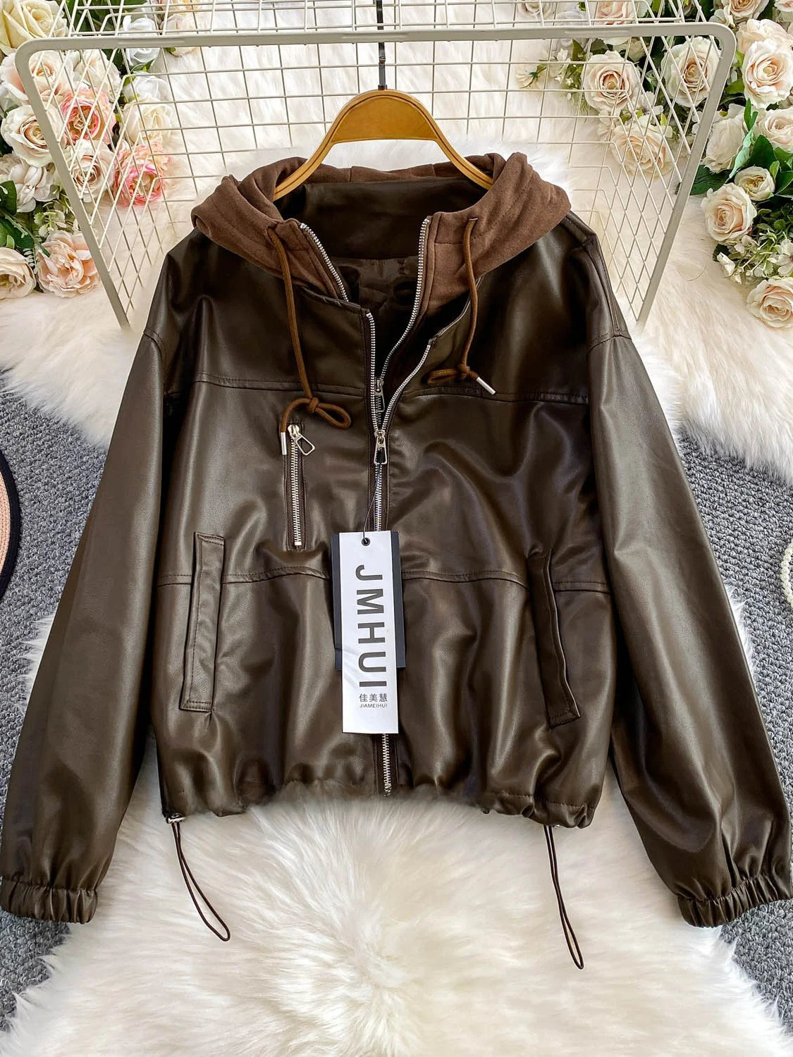 プレミアムブラウンPUレザーバイカージャケット レディース ドローストリング ルーズフィット スプライスハットコート スリミング オートウェア カジュアル スタイル
