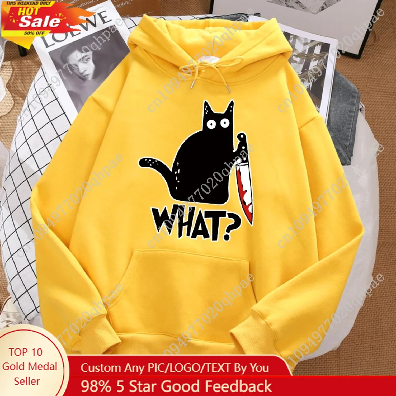 

What Cute Little Black Cat Holding A Knife Men Hoodie Street Fleece Hoody Hipster Autumn Sweatshirt Hip Hop Clothing Woman