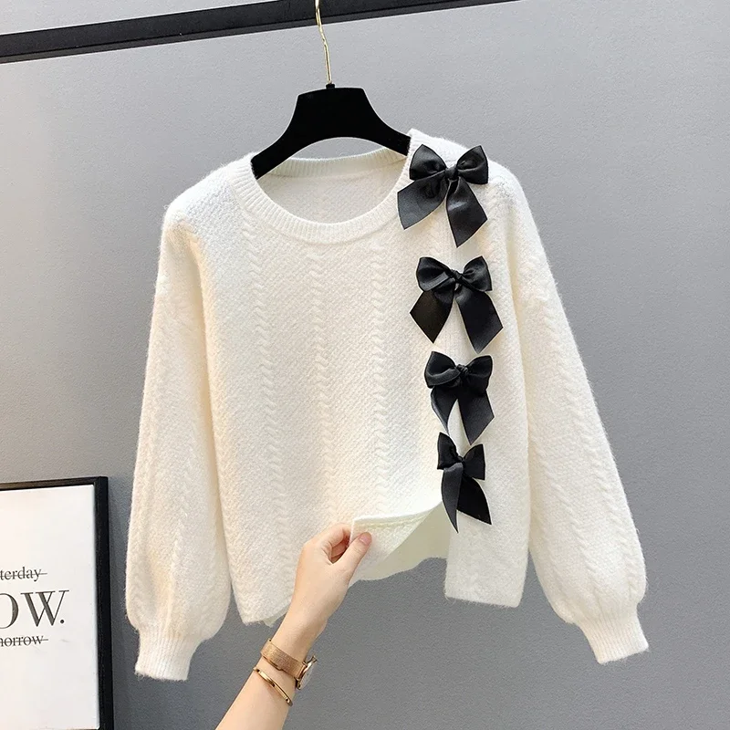 

Bow Pullover Sweater for Women in Autumn 2025 New Loose Outerwear Lazy Style Slit Top