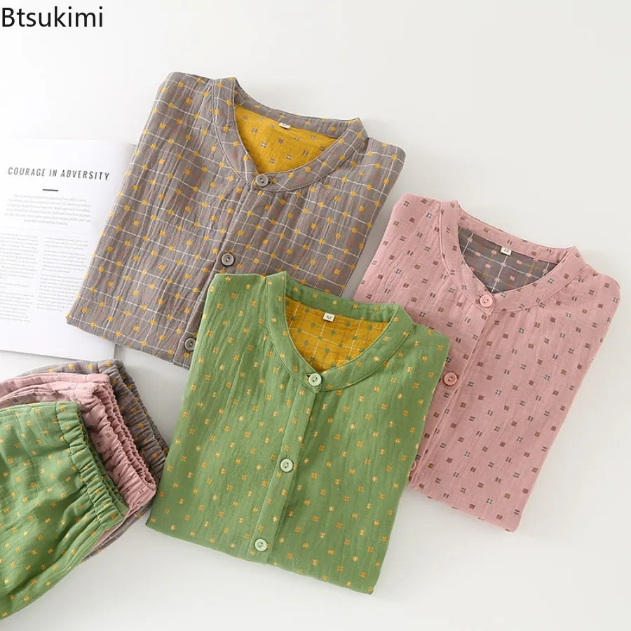 New 2025 Women's Spring Autumn 2PCS Pajamas Set 100% Cotton O Neck Plaid Print Design Simple Casual Home Clothes Sleepwear Sets