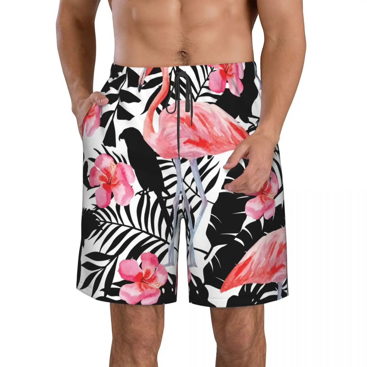 

Flamingo Hibiscus Parrots Tropical Plants Men Swimsuit Swimming Trunks Boxer Swim Beach Quick Dry Swimming Shorts