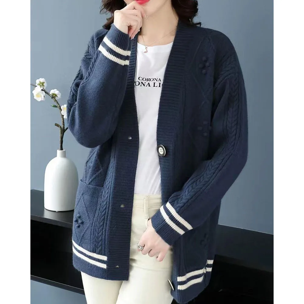 Autumn Winter New Long Sleeved Knitwear Women\'s Loose Sweater Coat Korean V-neck Solid Color Cardigan Jacket Mother Sweaters