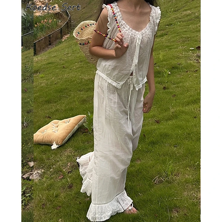 

100% Cotton Embroidered Fairy Pajama Set Retro French All Cotton Summer Thin Edition sleepwear women Sleeveless pants