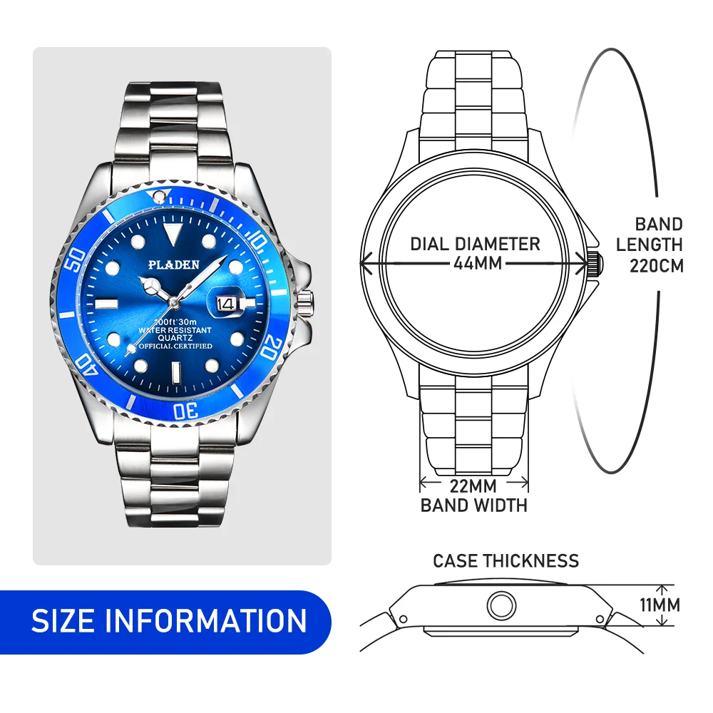 PLADEN Business Blue Watch For Mens Luxury Stainless Steel Quartz WristWatch Male Fashion Automatic Date AAA Clocks Reloj Hombre