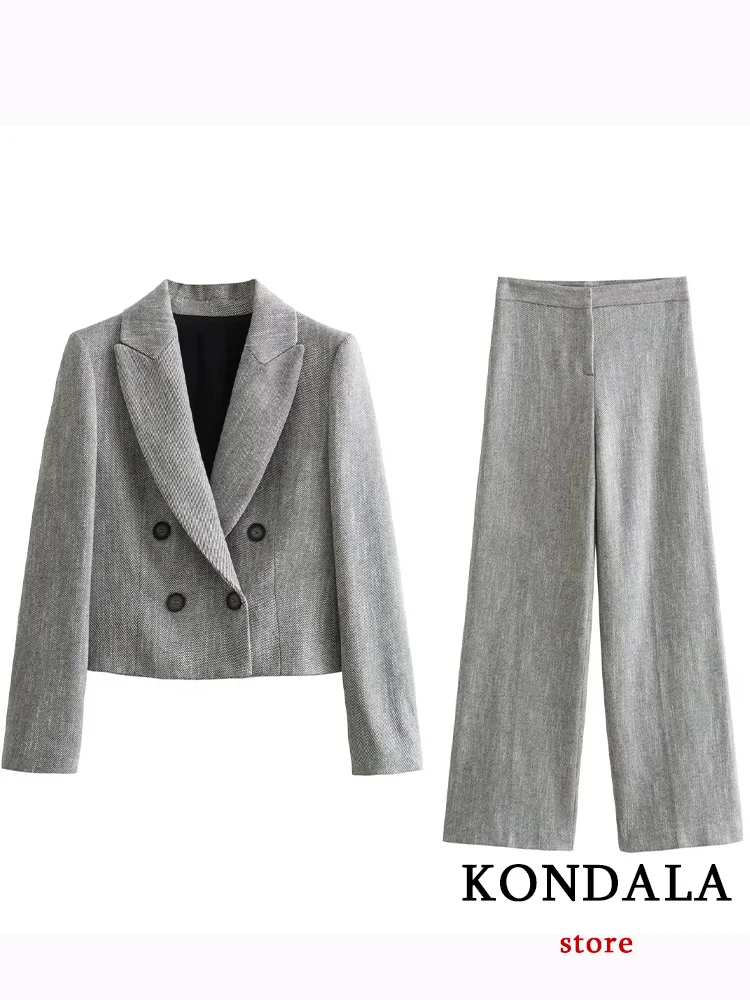 

KONDALA Casual Chic Solid Women Suit V Neck Pockets Blazer Straight Loose Pants New Fashion 2023 Autumn Office Lady Blended Set