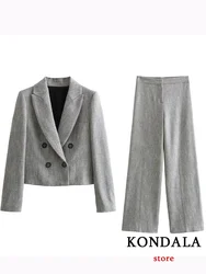 KONDALA Casual Chic Solid Women Suit V Neck Pockets Blazer Straight Loose Pants New Fashion 2023 Autumn Office Lady Blended Set